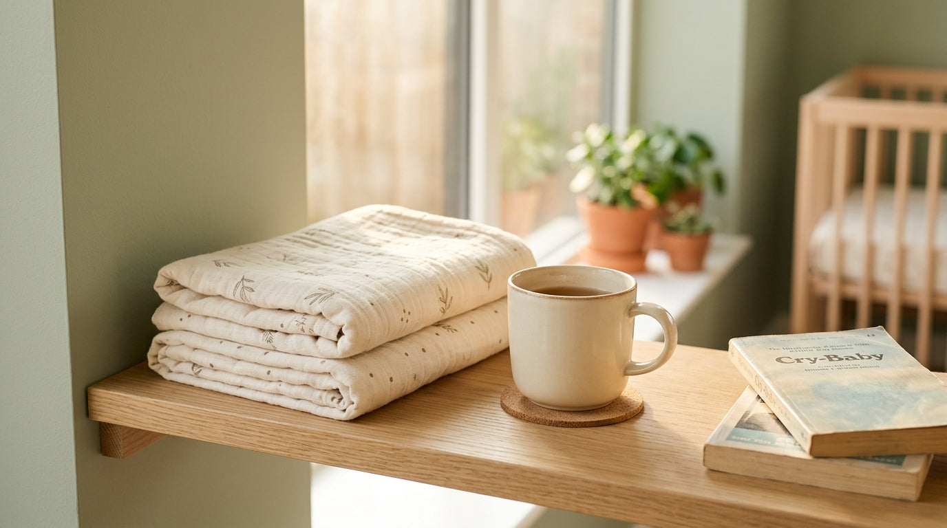 Exhausted mom holding a crying infant in a dark nursery