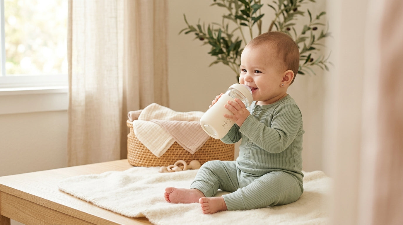 Baby sitting safely on a dry mat reaching for a wooden toy