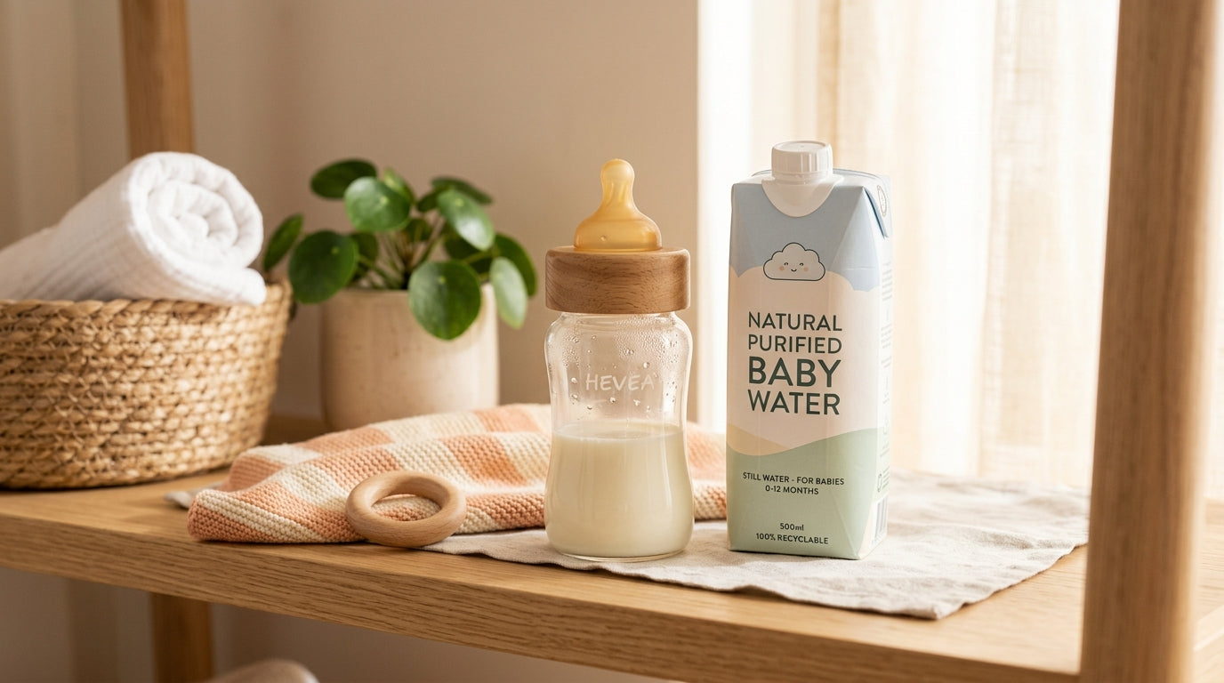 Frustrated mom looking at different gallons of water in the grocery store aisle