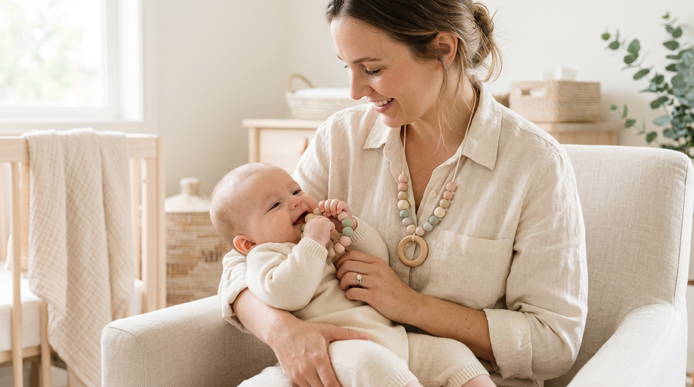 A mother wearing a silicone teething necklace while holding a baby.