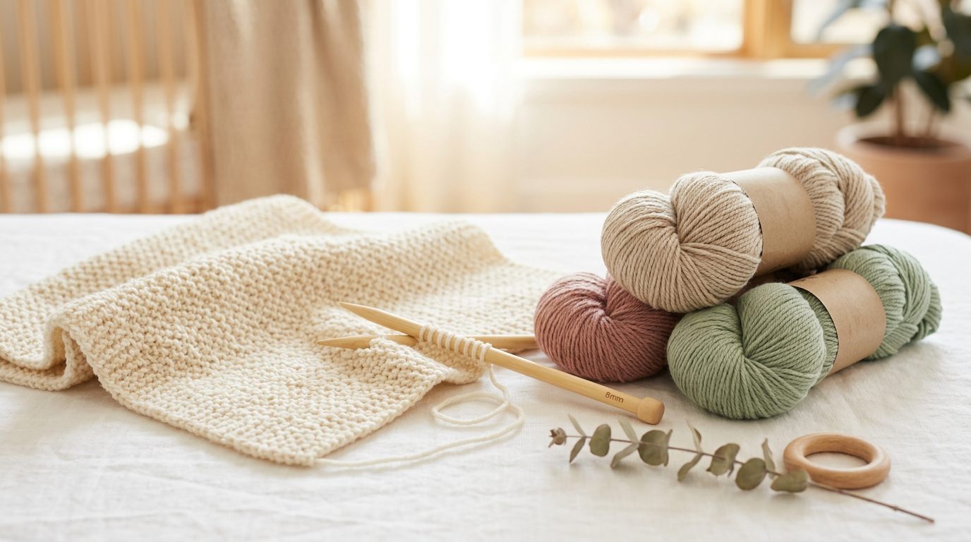 Priya holding a half-knitted merino wool baby blanket next to a sleeping newborn