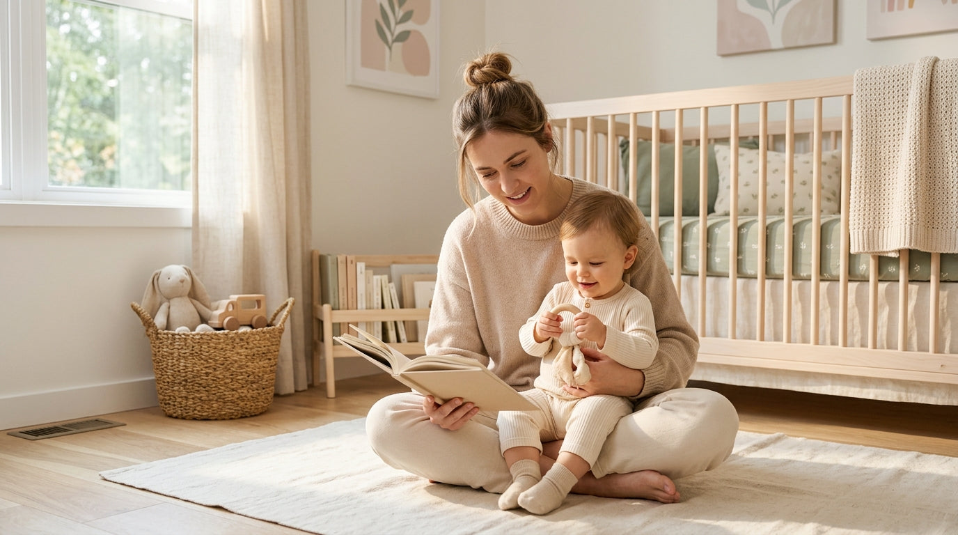 A confused mom looking at her smartphone while a baby sleeps in the background.
