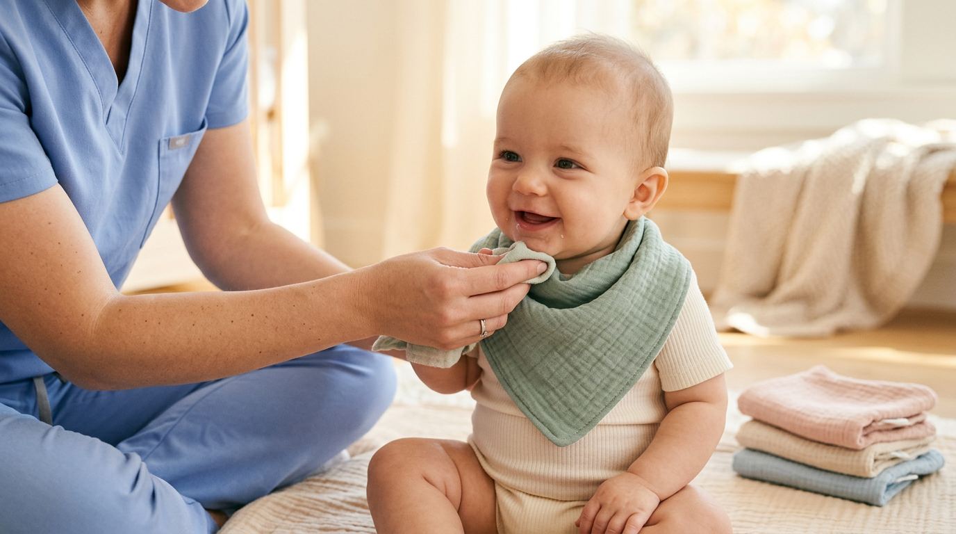 Baby sitting in a high chair wearing a green silicone bib covered in mashed sweet potatoes.