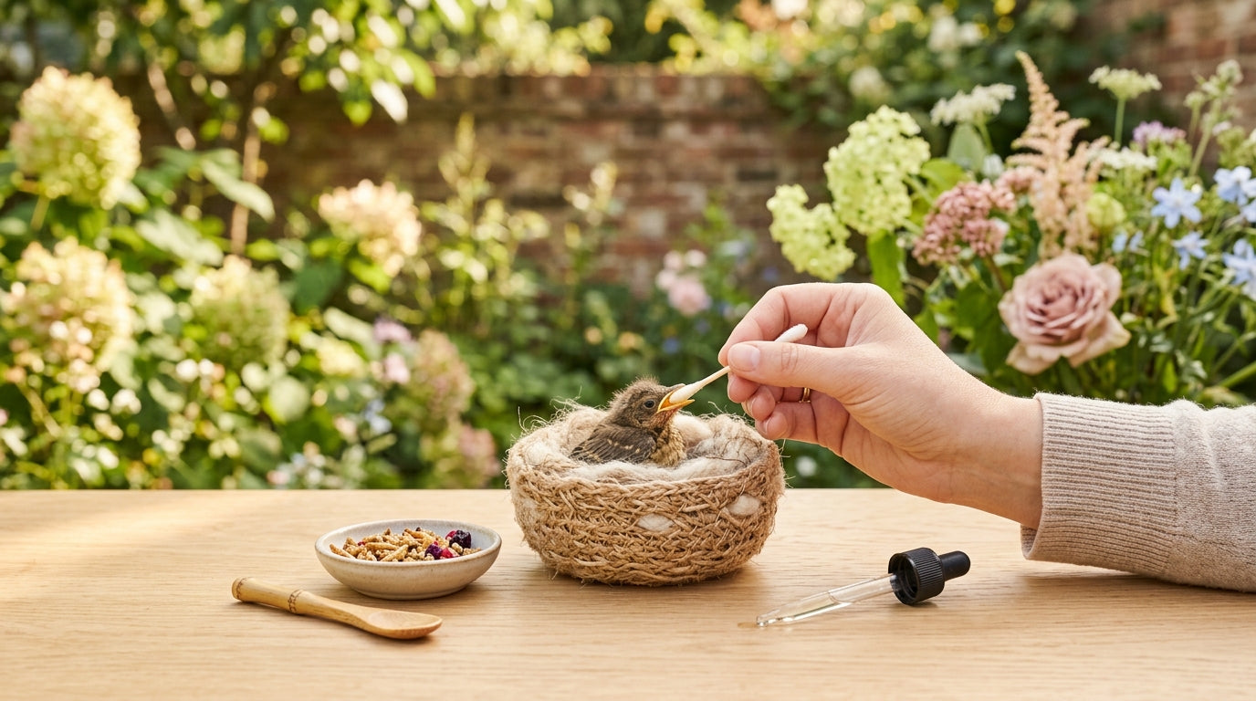 Confused dad sitting on lawn next to an 11-month-old baby, staring into a cardboard box.