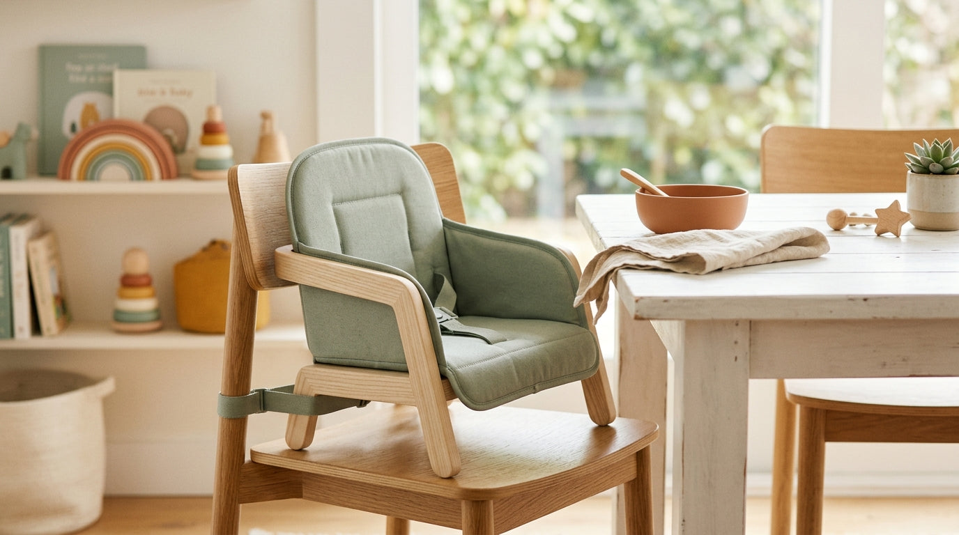 Sarah holding a coffee cup next to a messy dining booster seat