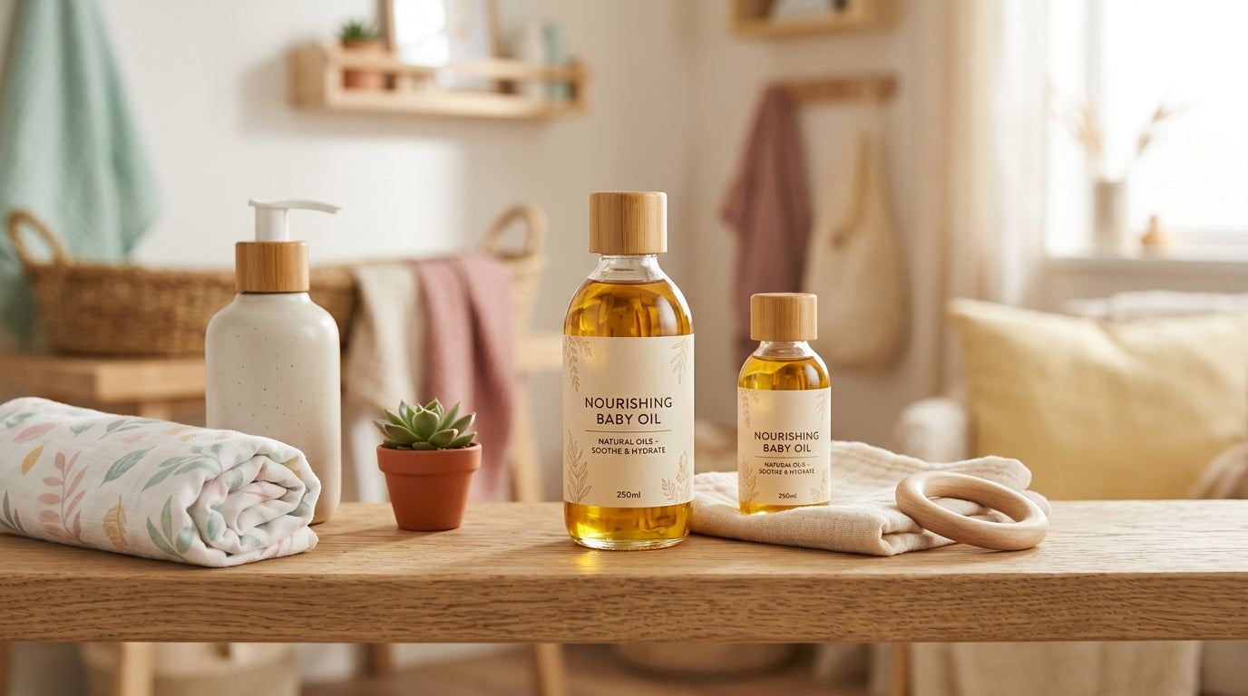 A confused dad looking at a bottle of plant-based baby oil next to a baby bath