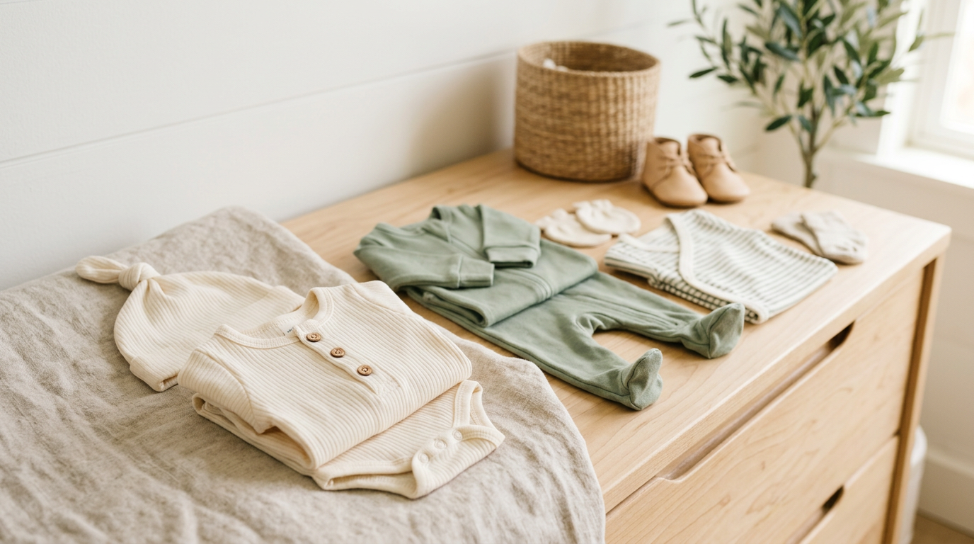 Small organic cotton premature baby clothing laid out next to a standard newborn size.