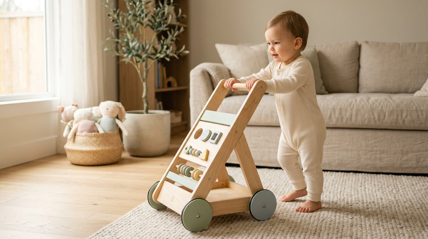 A baby standing holding a wooden push cart on a hardwood floor