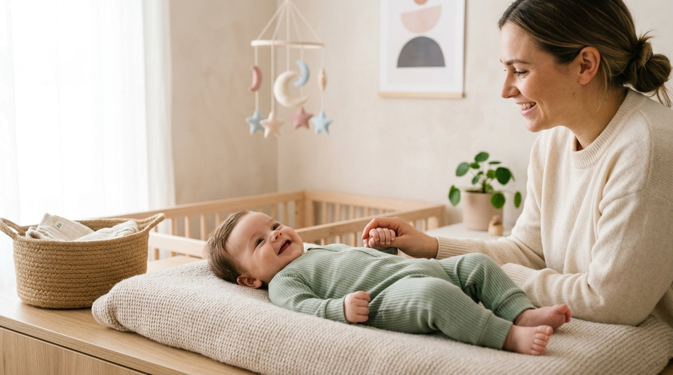 Tired mother looking down at a staring newborn baby on a playmat