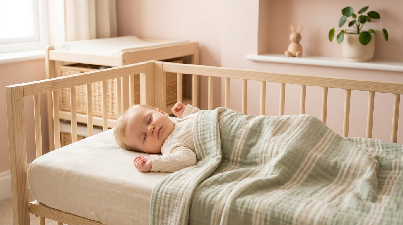 A tired mom holding a coffee mug and a folded baby blanket in a dimly lit nursery