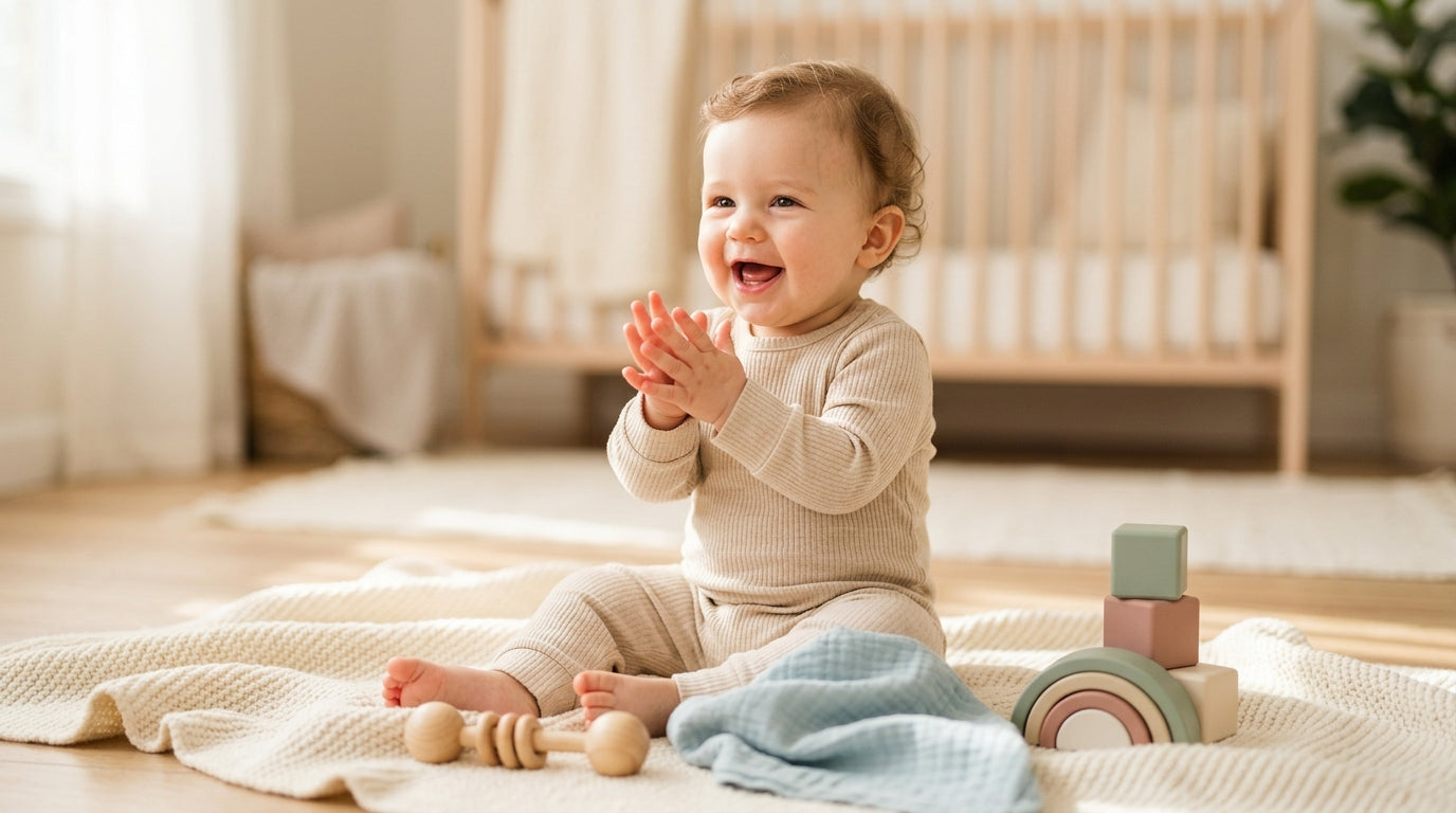 A frustrated mom sitting on a messy rug trying to get her toddler to clap.