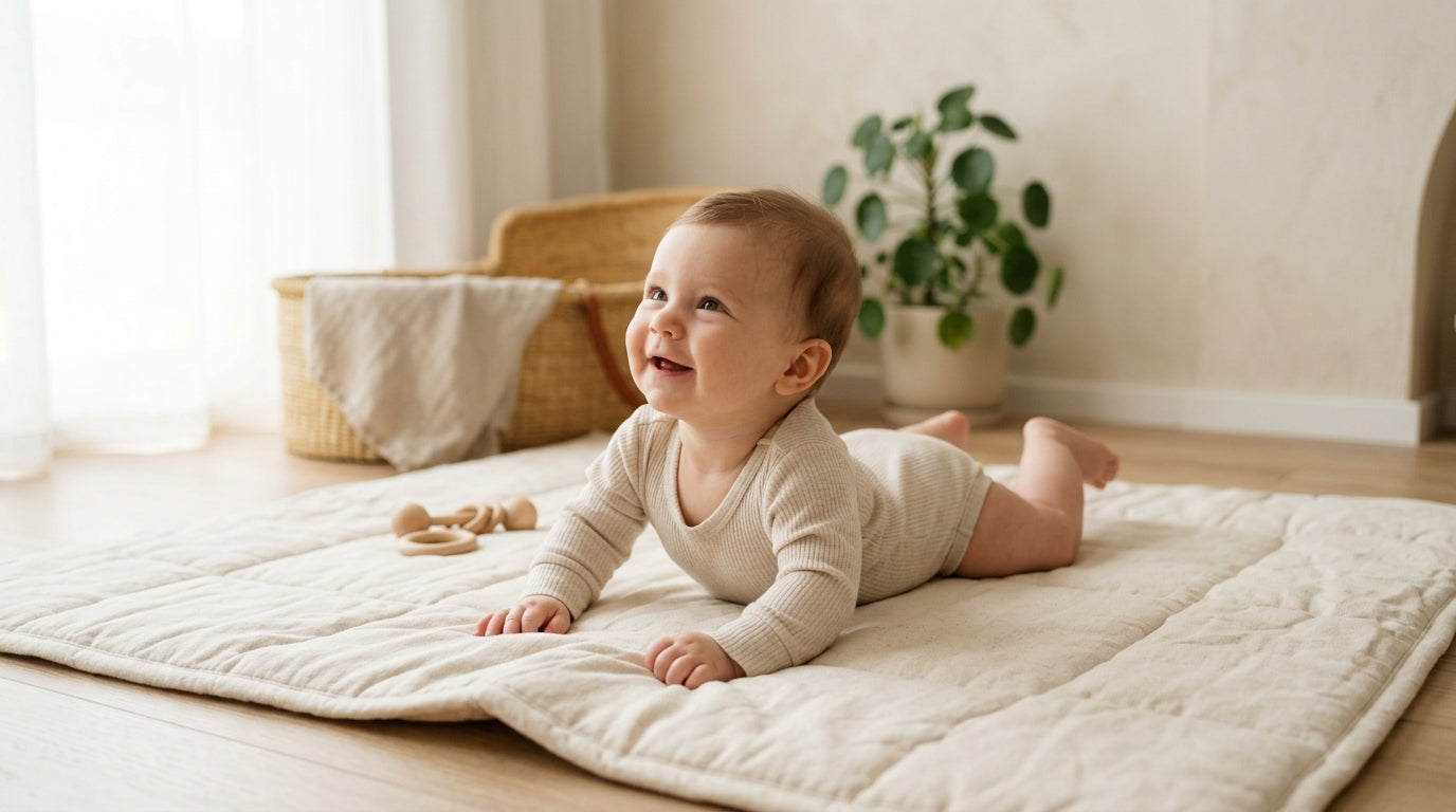 A tired dad looking down at twin baby girls lying flat on a mustard yellow play mat