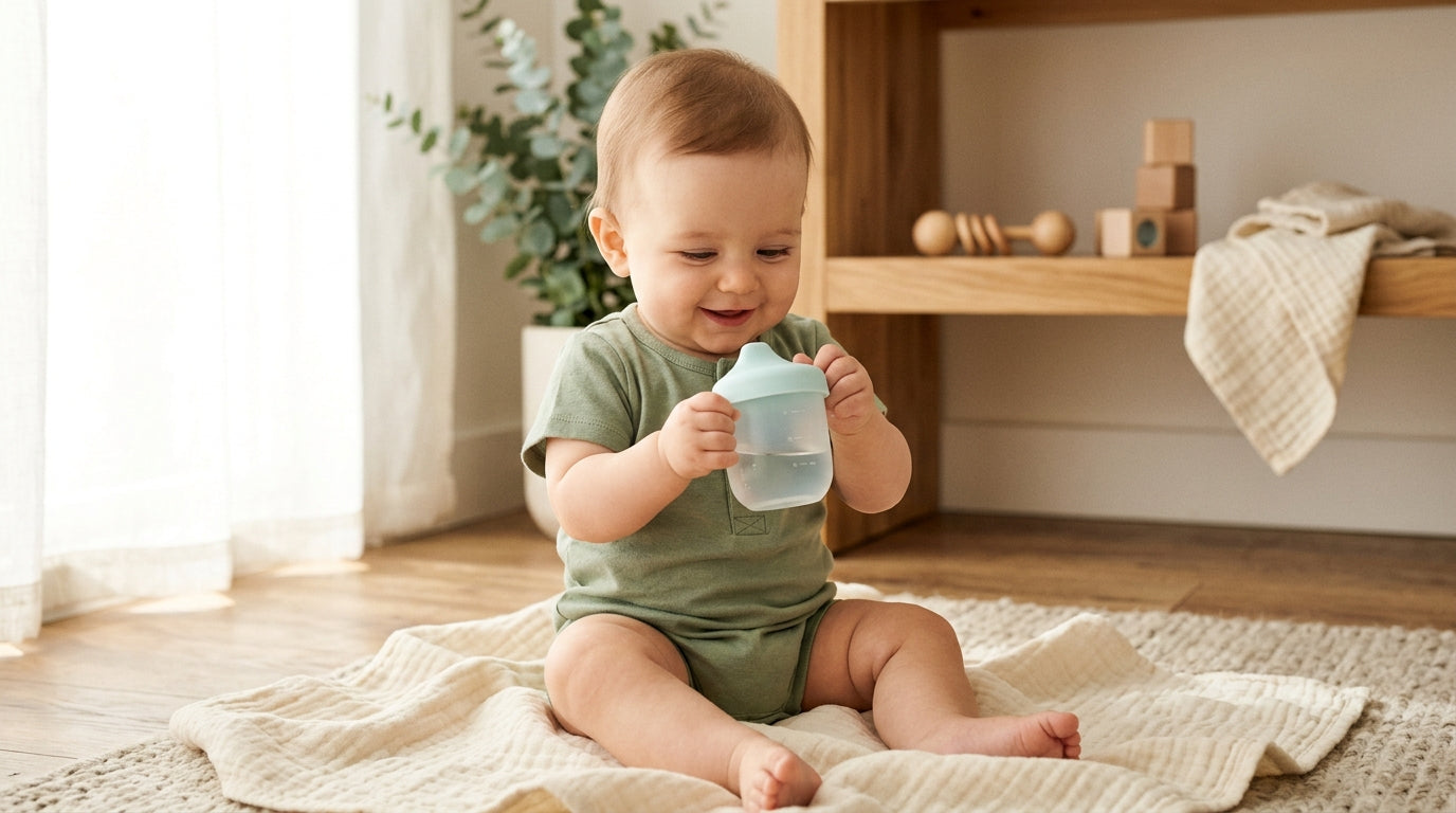 A baby looking confused while holding an empty silicone cup