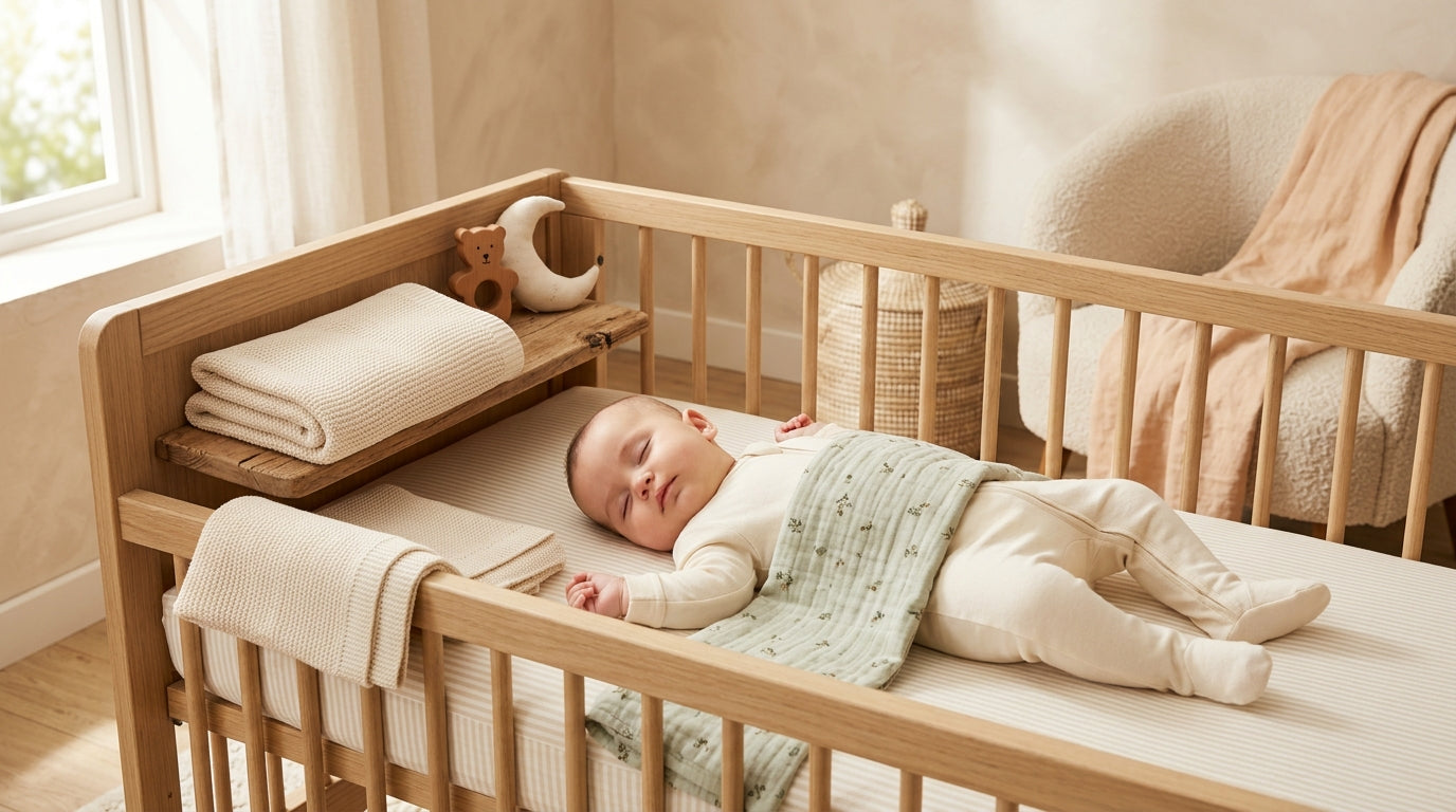 Messy baby crib with a single safe sleep sack instead of loose blankets