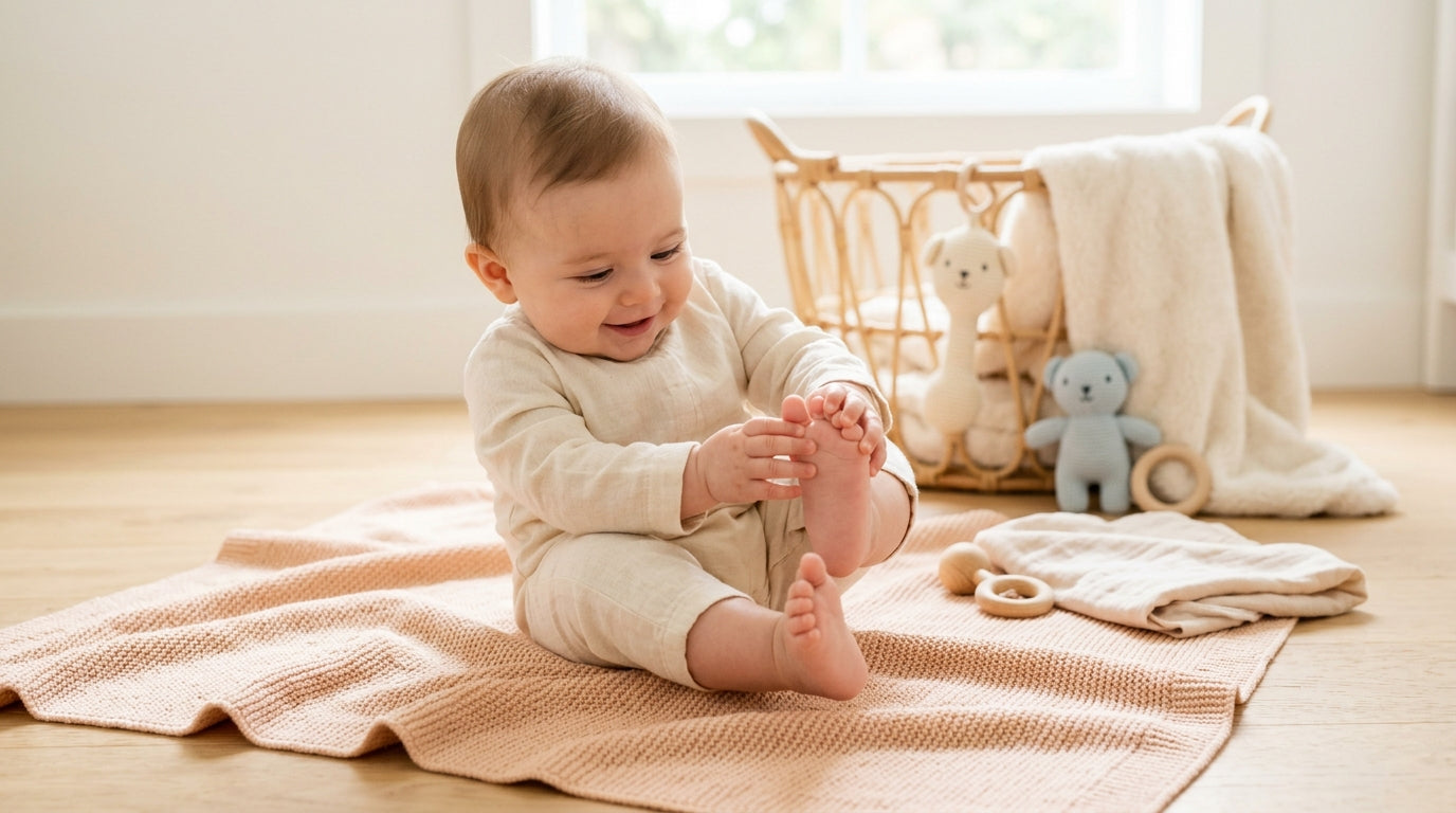 A baby laying on a playmat reaching for their bare toes