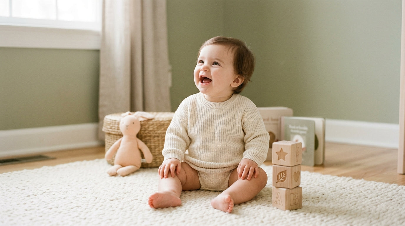 A baby pointing at a dog while sitting on a blanket