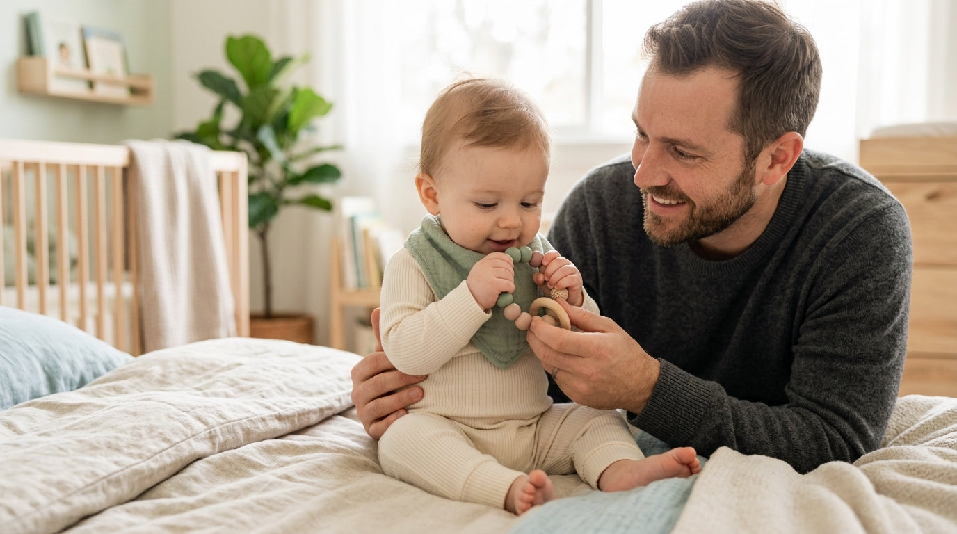 Bewildered dad holding an avocado teether while looking at his drooling baby