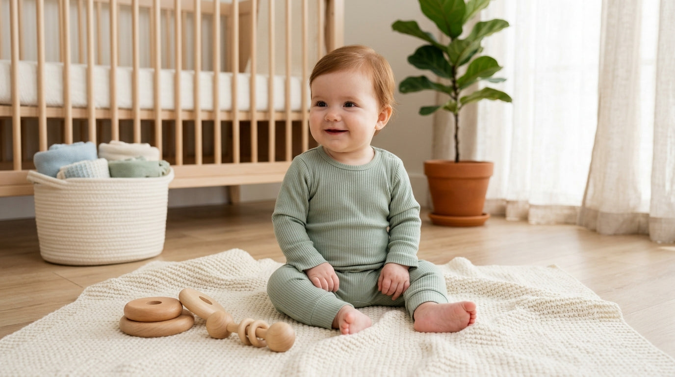 A baby learning to sit up independently on a play mat with wooden toys.