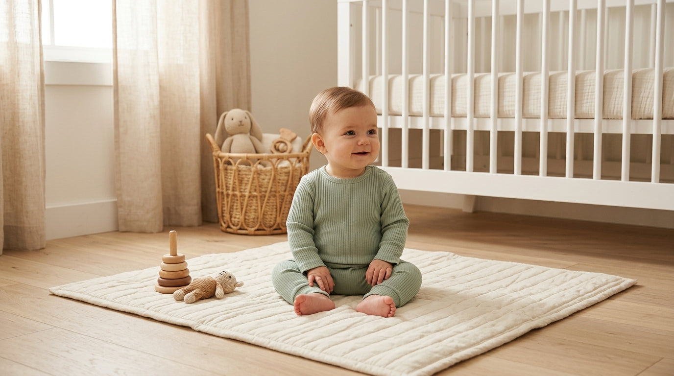 Baby practicing tripod sitting on an organic cotton playmat