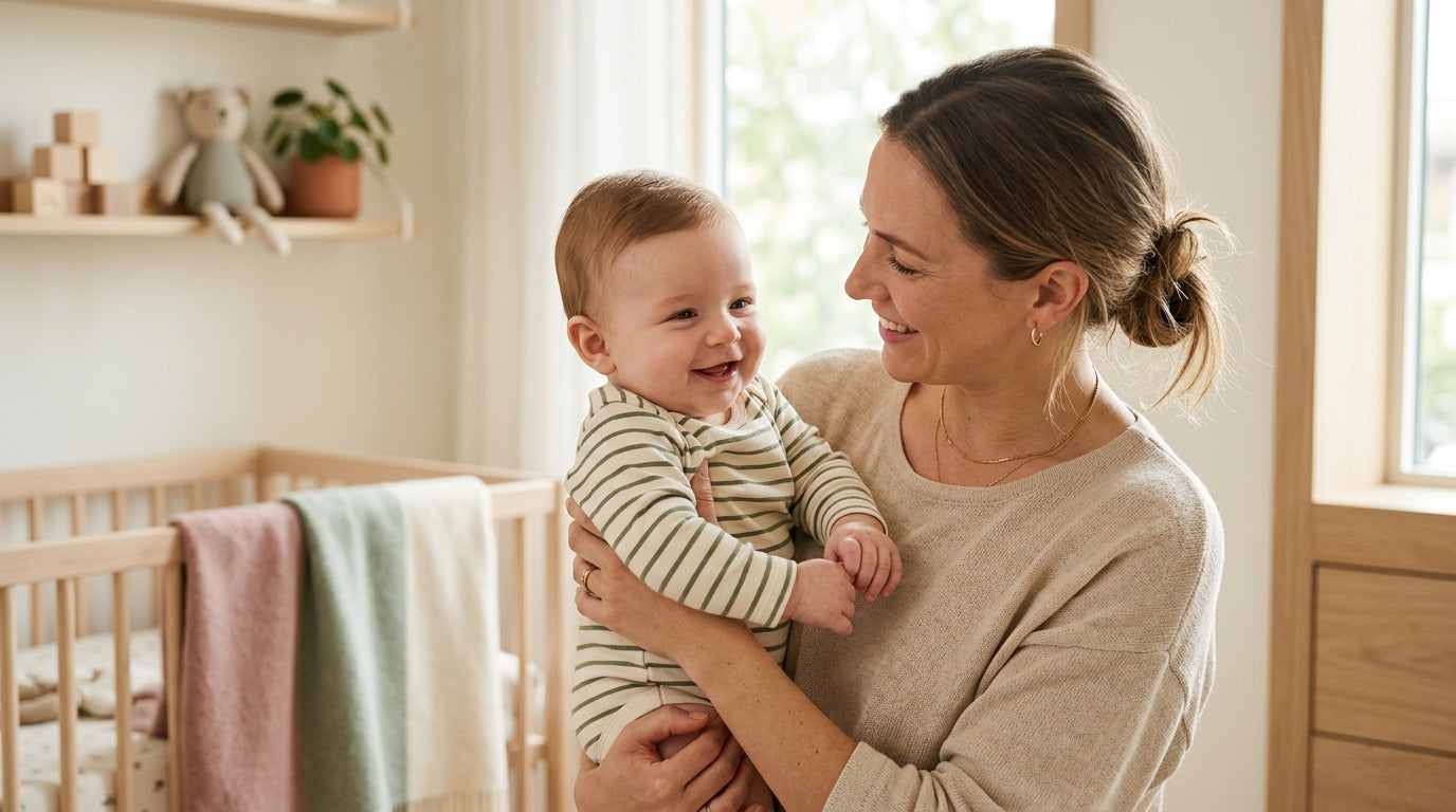 A tired mom holding her newborn waiting for a real smile