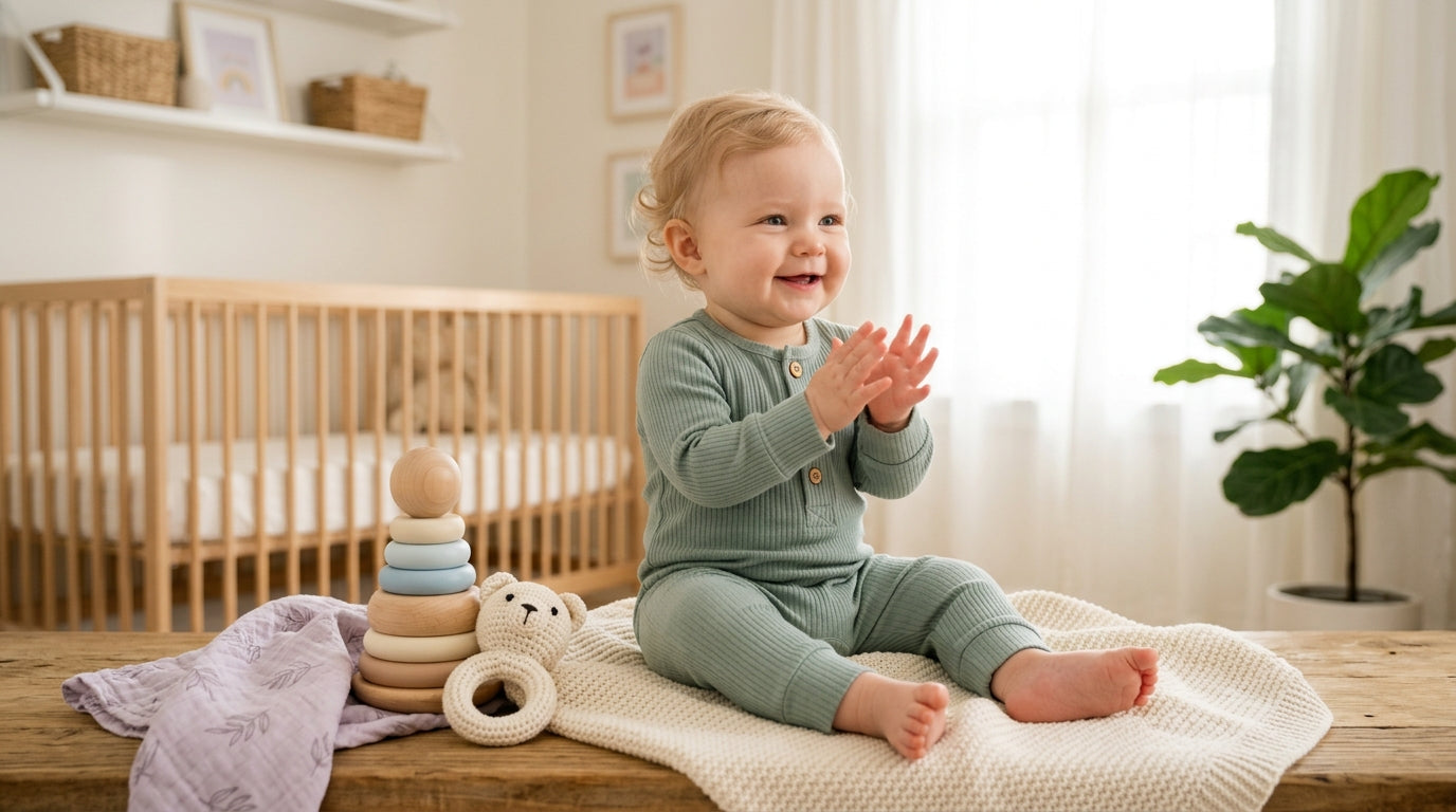 A baby sitting on an organic playmat holding a wooden teething ring