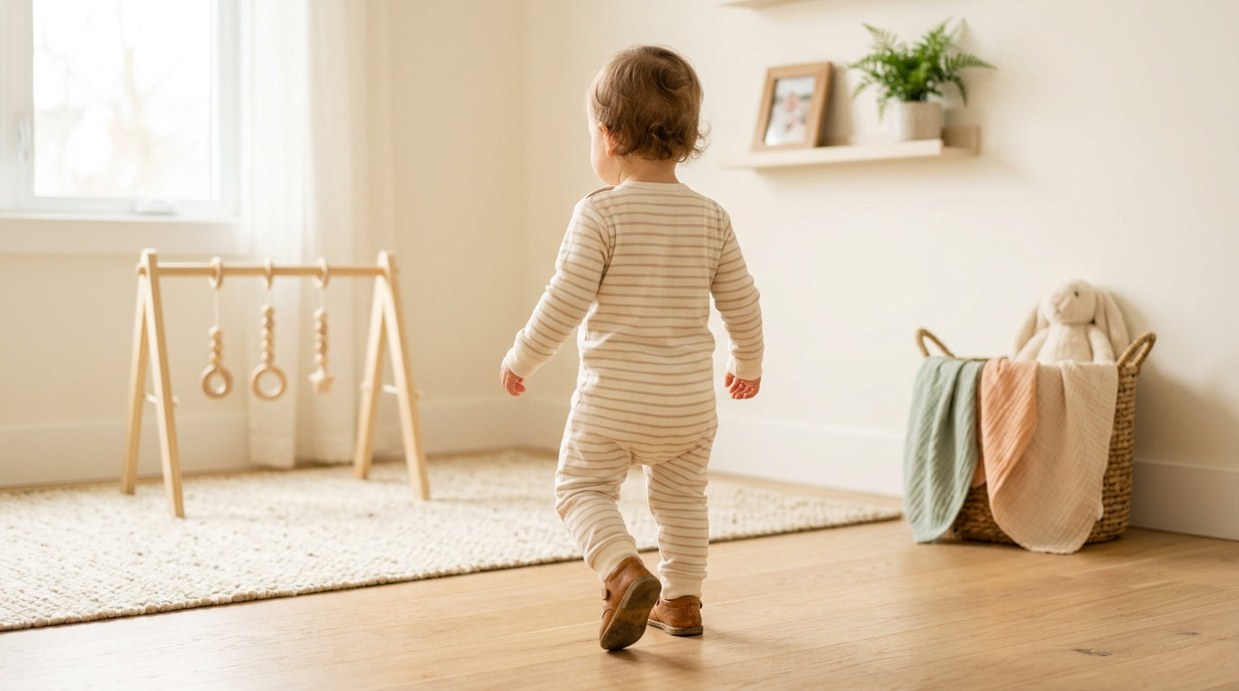 Baby in organic cotton pulling up on a coffee table while mom watches
