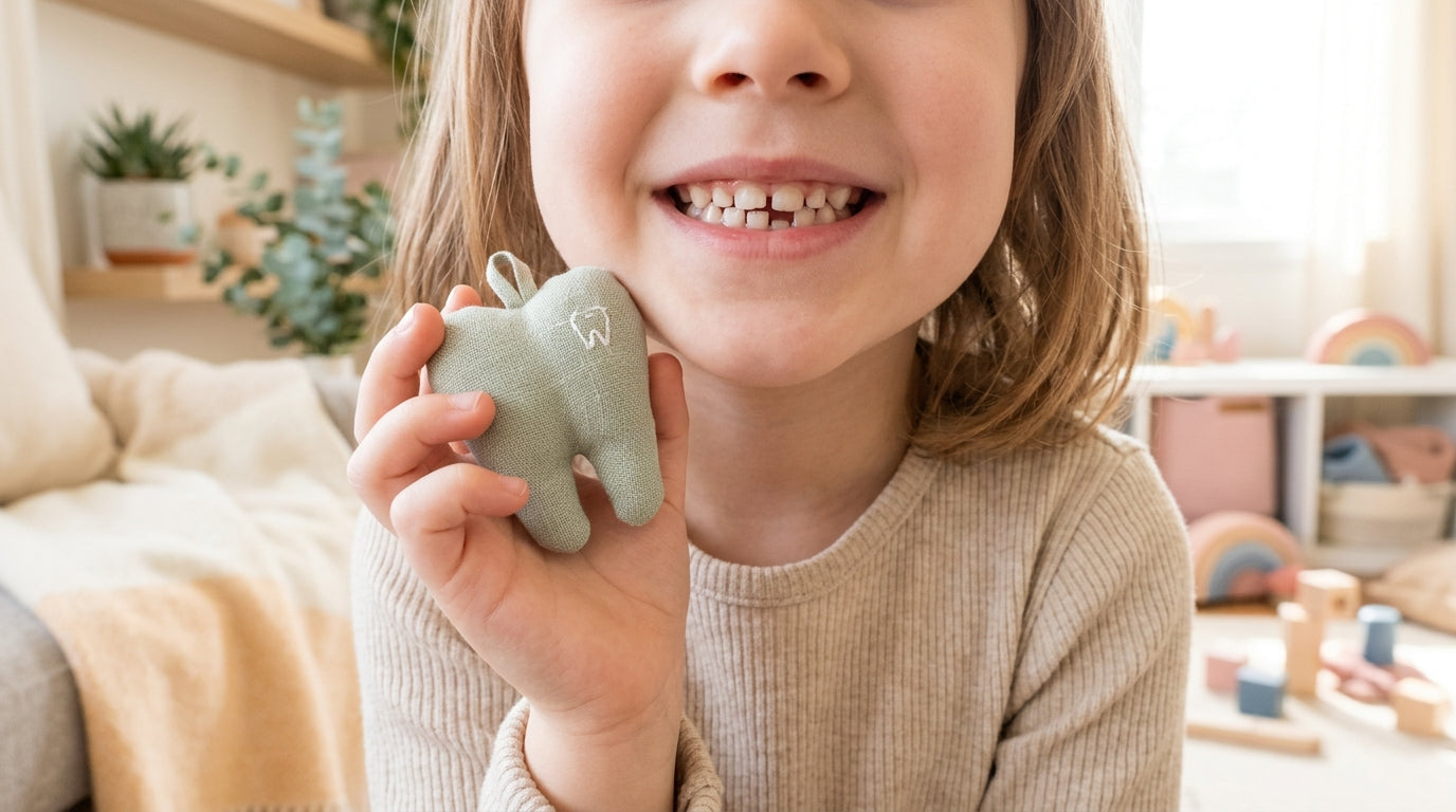 A young child smiling with a missing front baby tooth