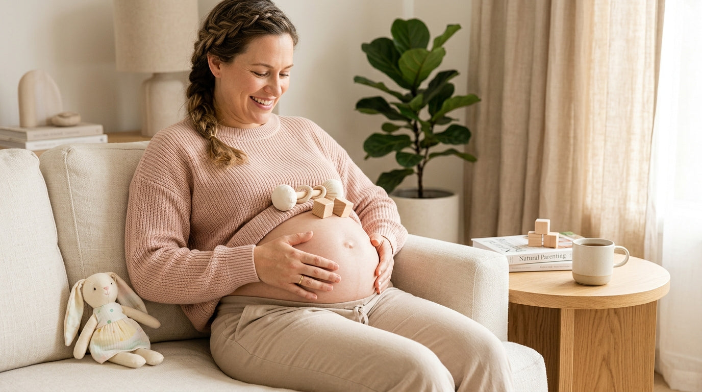 Exhausted dad on sofa checking a baby kick counting app while staring at ceiling