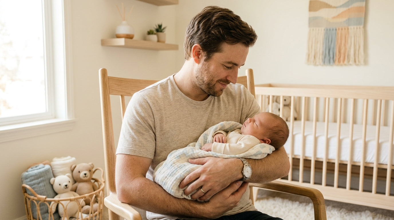 Exhausted dad staring at his phone while holding an 11-month-old baby boy in a dark Portland nursery.