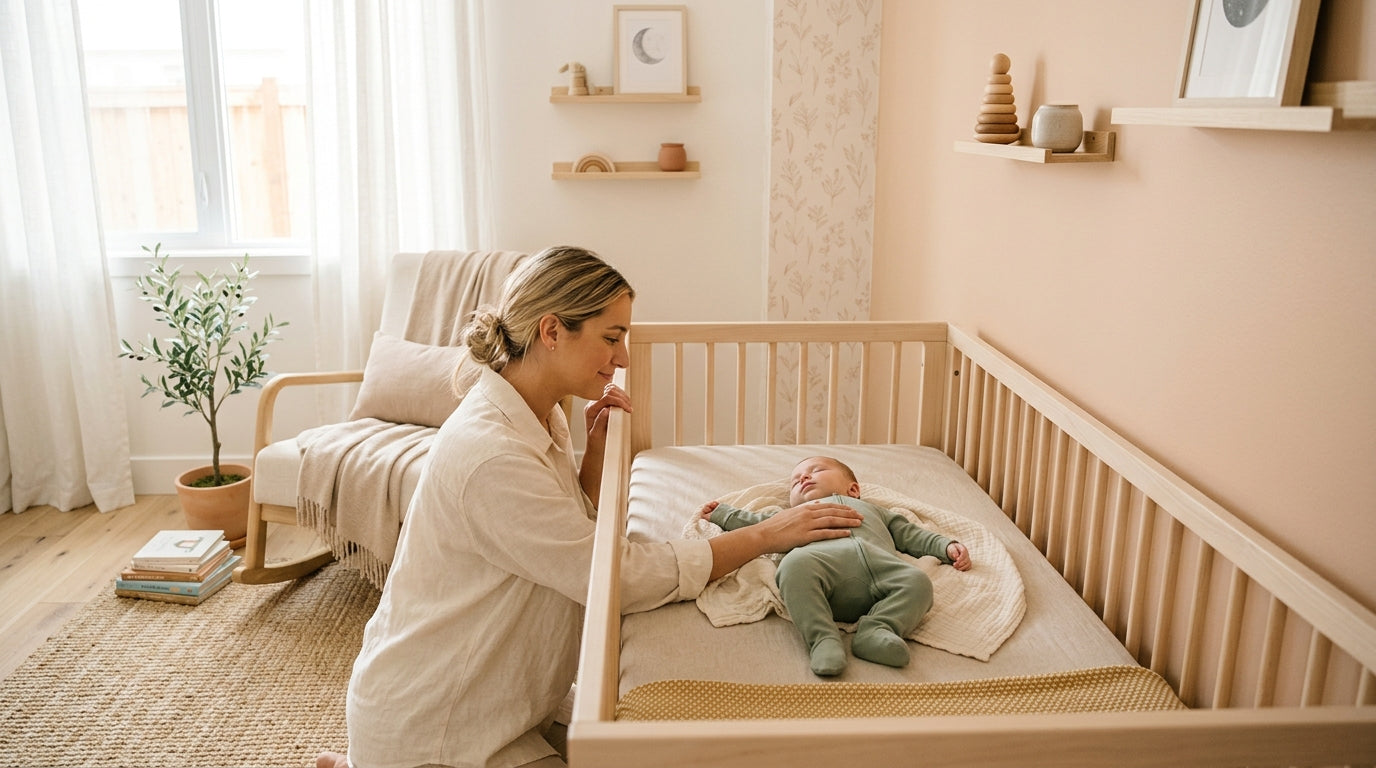 A tired mom holding a coffee mug looking at an empty wooden baby crib.