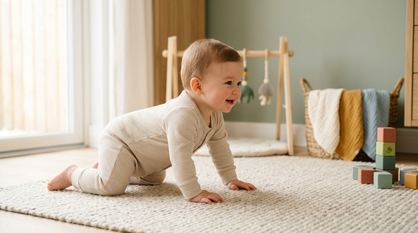 A tired dad sitting on a hardwood floor watching his baby scoot backward.