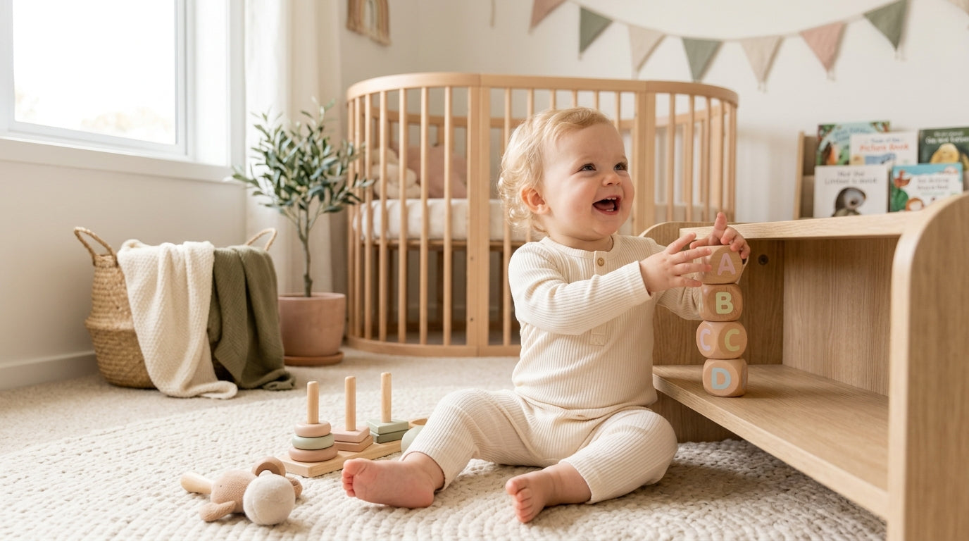 A toddler holding a wooden toy looking like they are trying to speak to their mother.