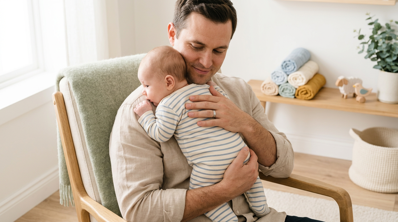 A tired parent attempting to burp a baby over their shoulder