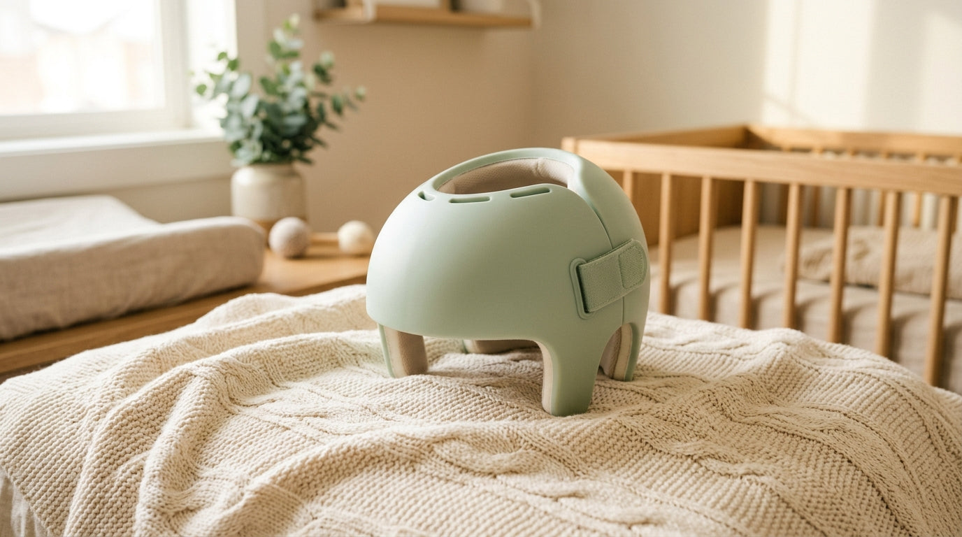 Tired mom holding a baby wearing a custom cranial helmet and an organic cotton onesie