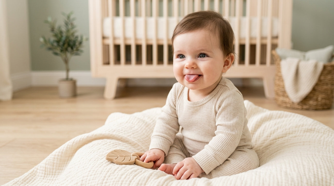 Confused dad looking at his baby who is sticking her tongue out playfully