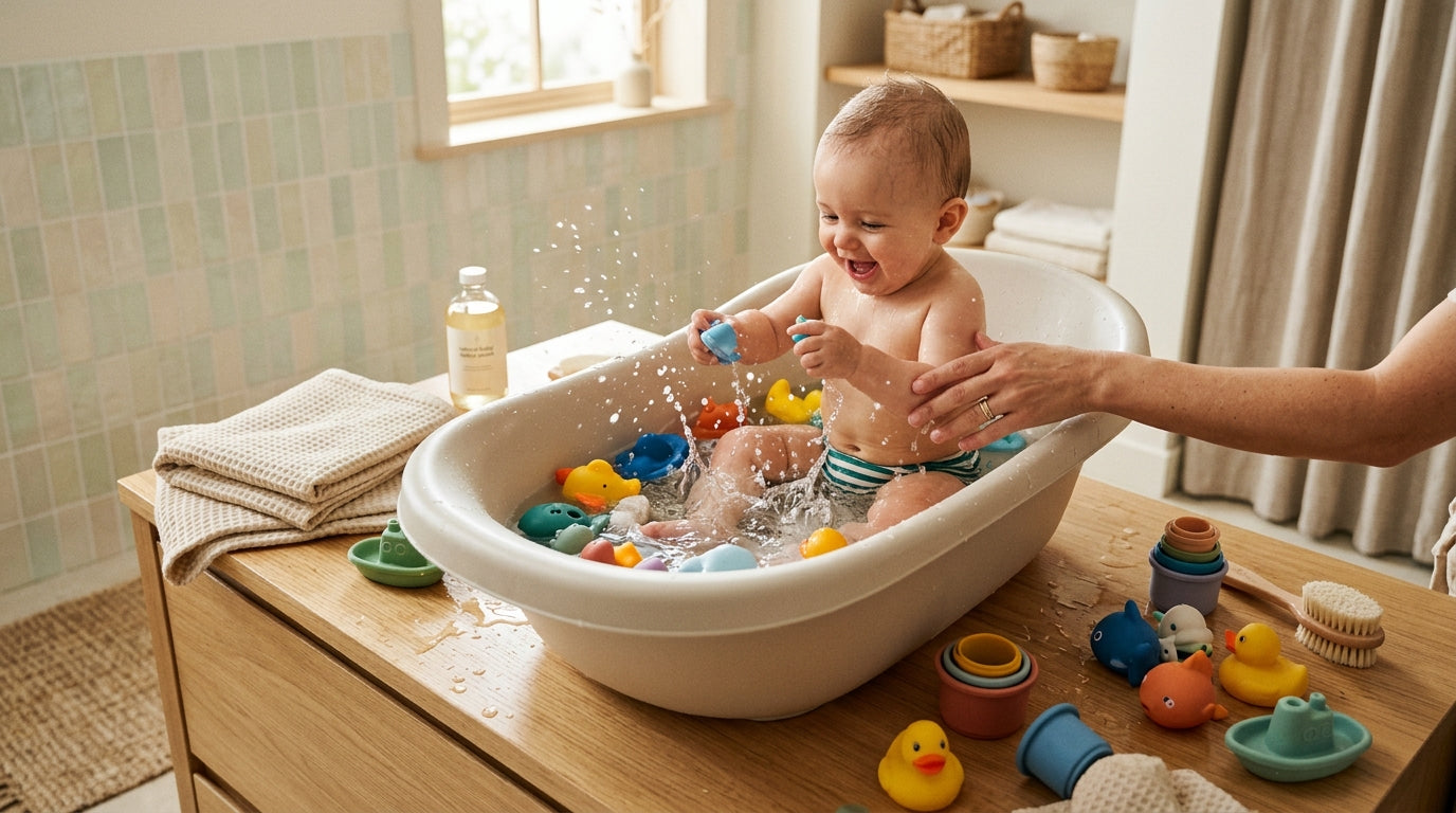 A tired dad holding two wet towels next to a plastic baby tub