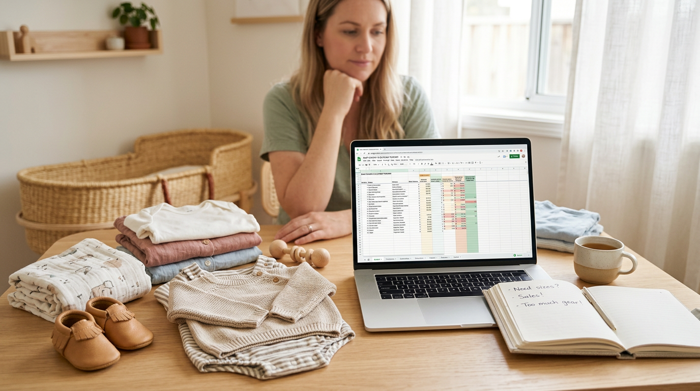 Confused dad holding a tiny, stretched-out synthetic baby onesie.