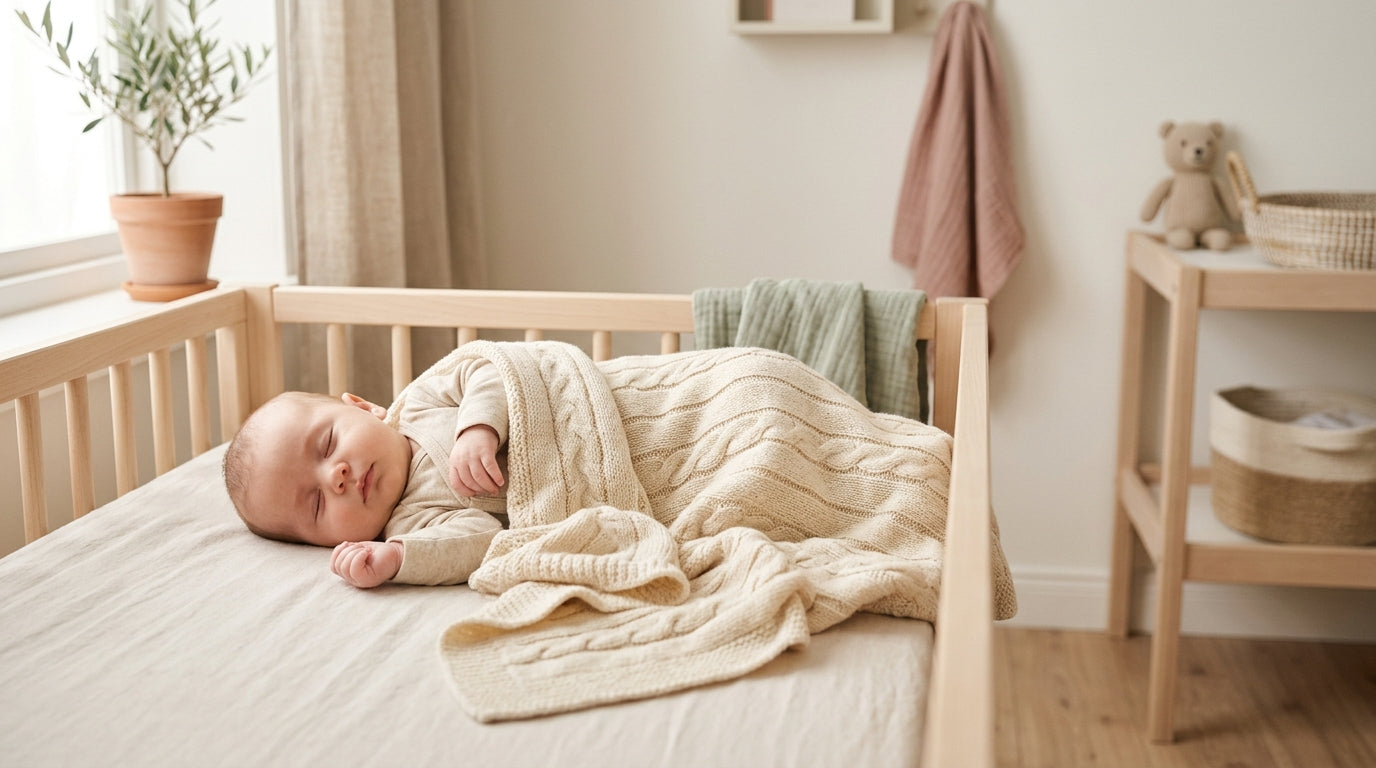 A dad looking confused at a thermometer while his baby sleeps under a wool blanket