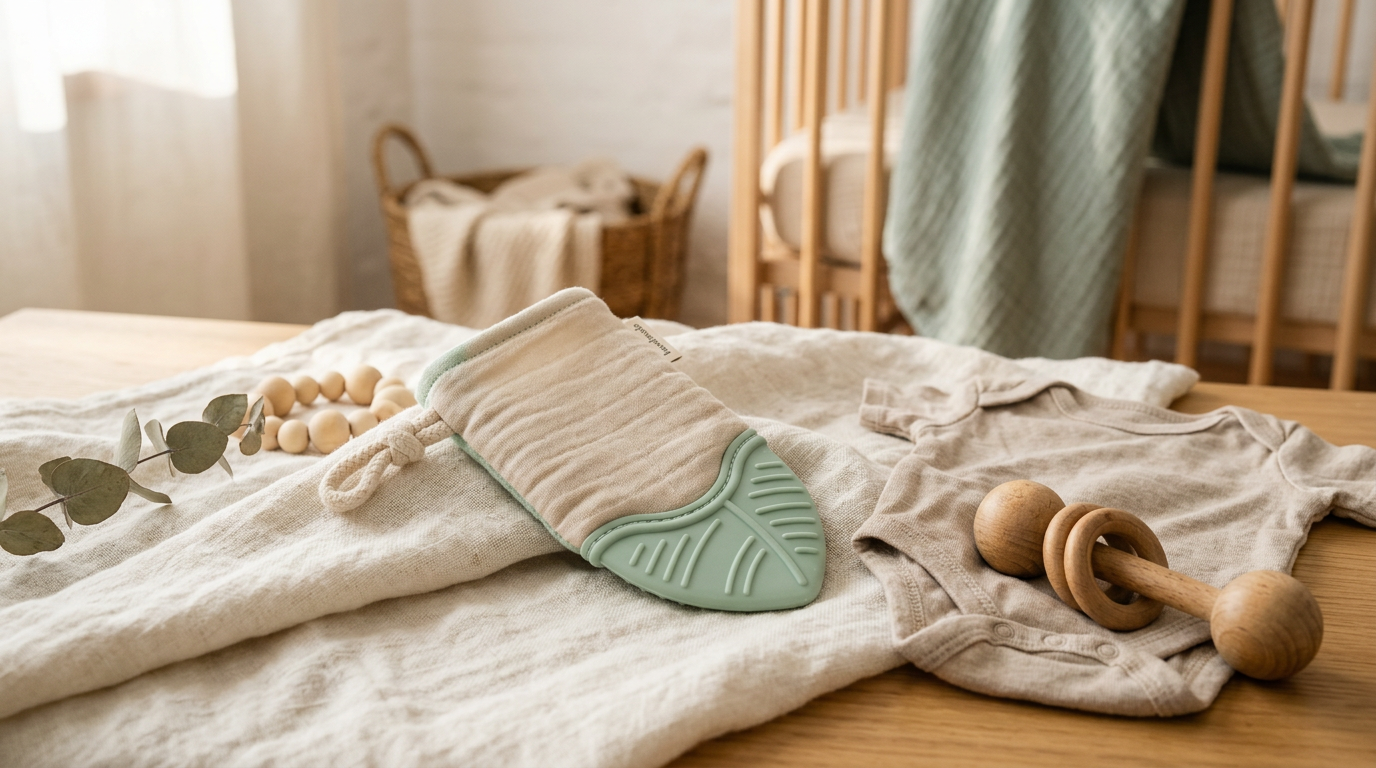 Baby wearing a silicone teething mitt while sitting on a playmat