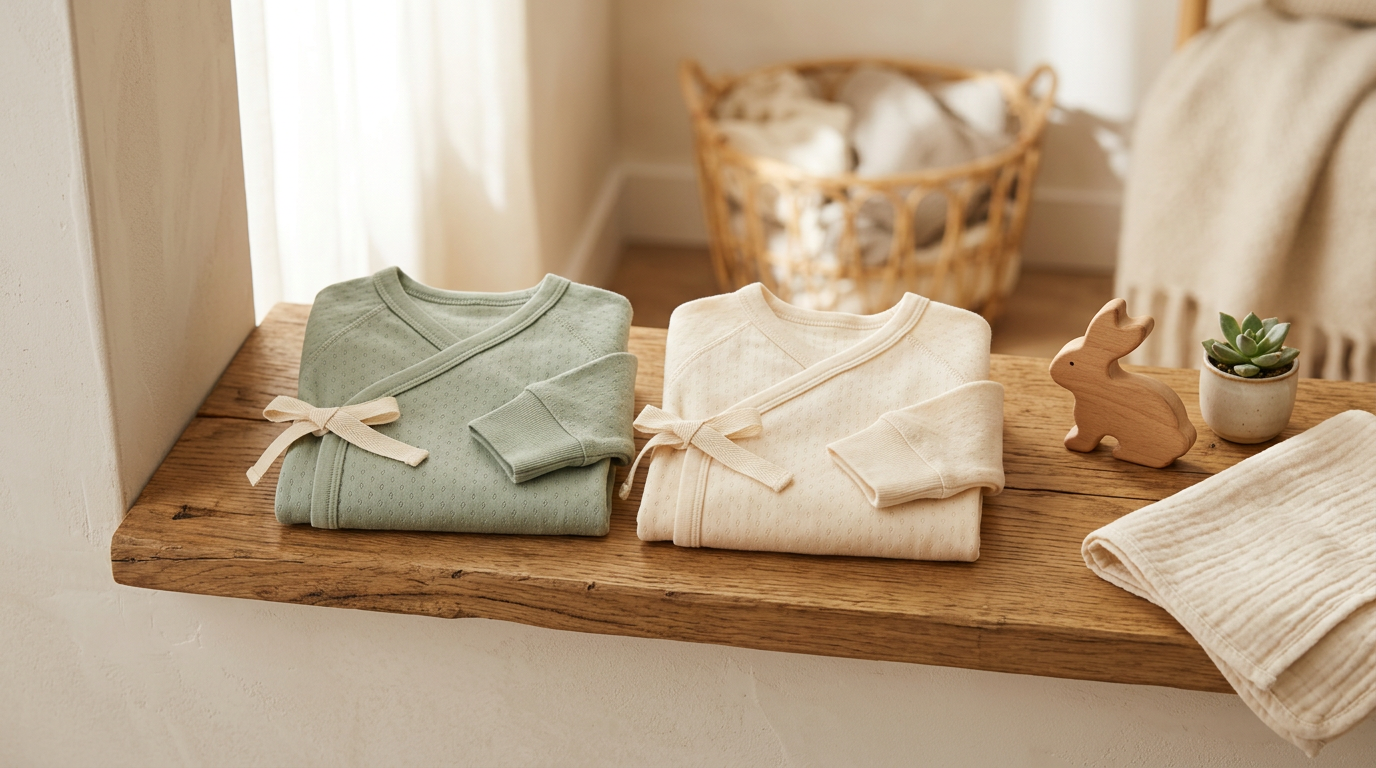 A tired dad trying to dress a newborn baby in a white organic cotton wrap shirt.