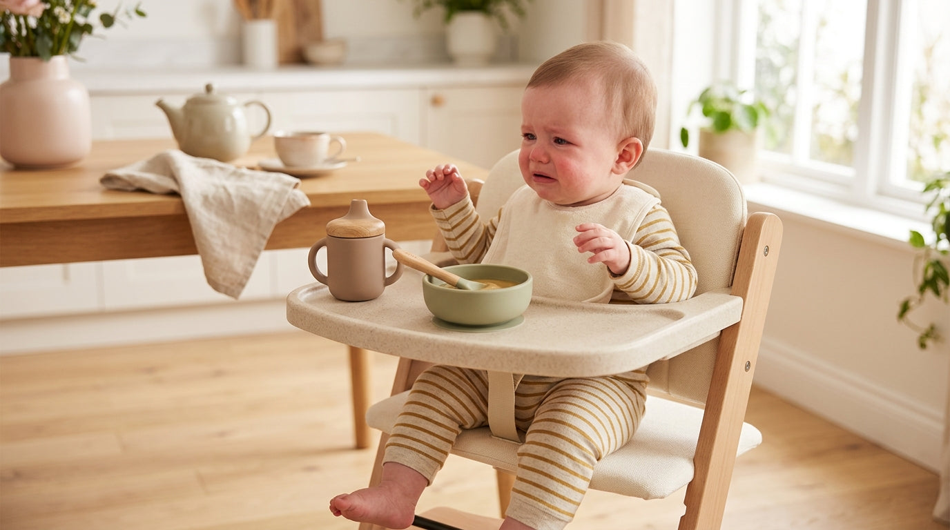 A tired parent trying to comfort a fussy infant during a bottle feed