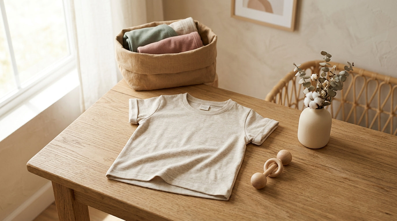 Baby wearing a soft organic cotton jersey tee on a changing table