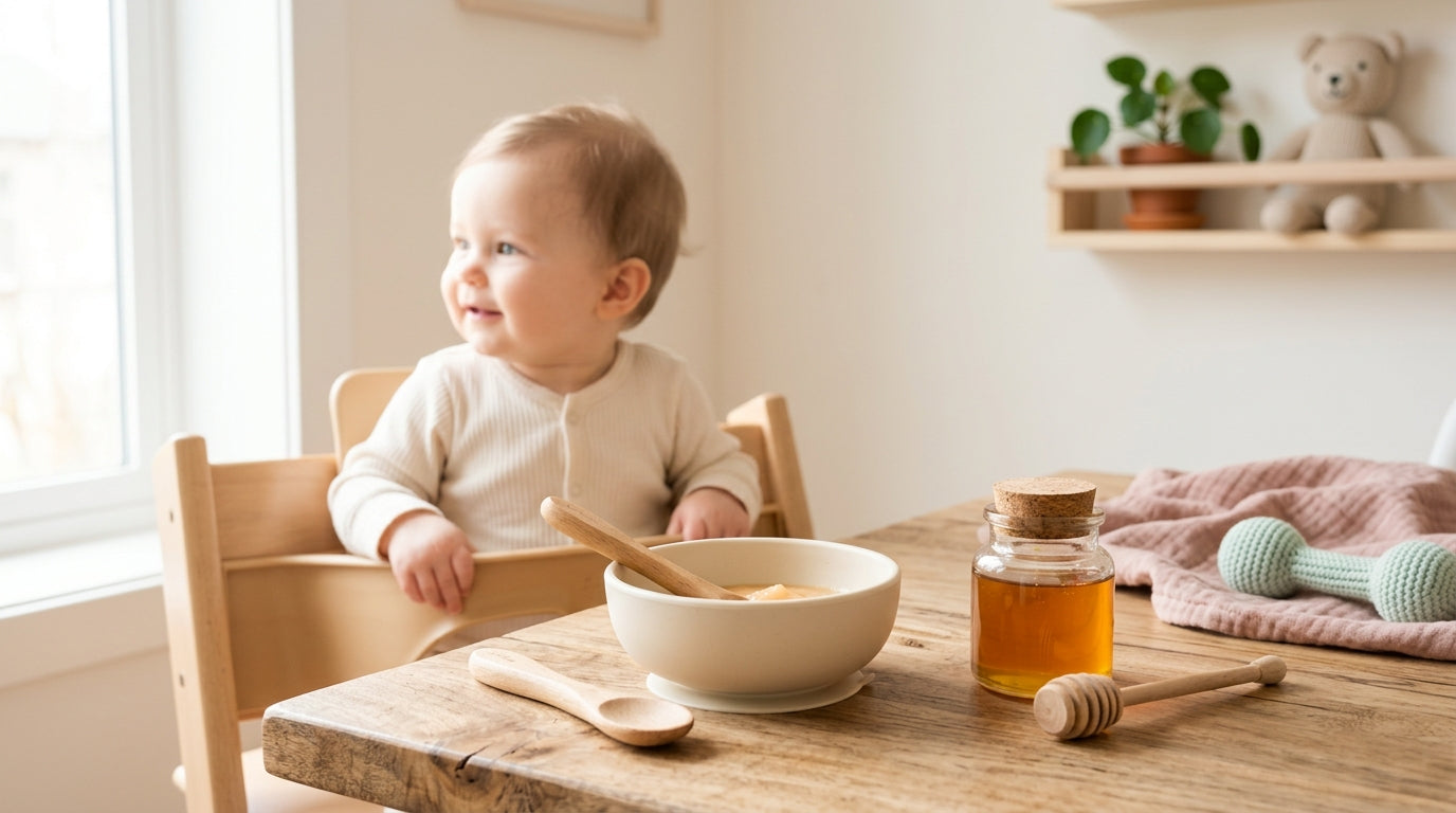 A confused mother looking at a jar of honey while holding a baby in her kitchen.