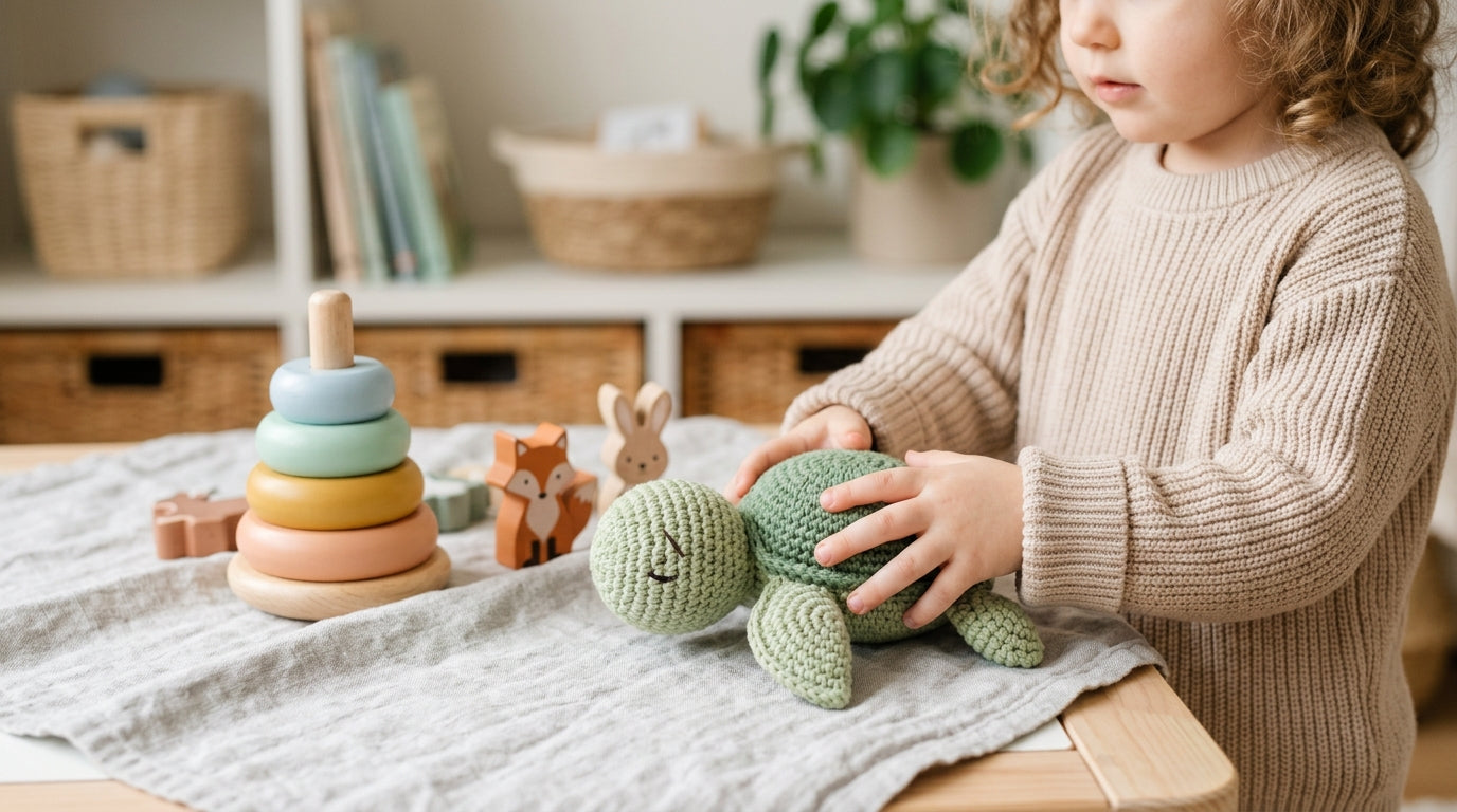 Toddler pointing at a small green reptile hiding in the tall summer grass.