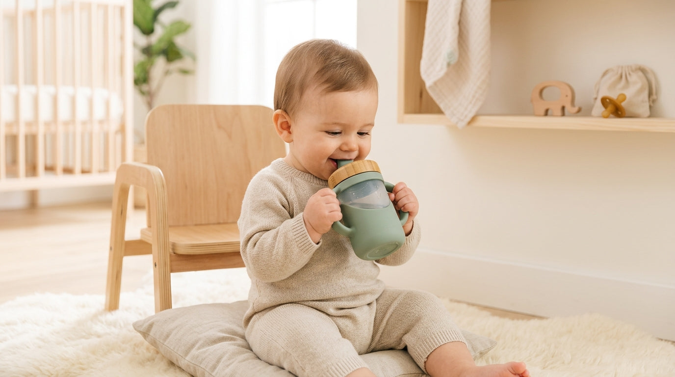 Exhausted dad staring at a water glass next to a baby bottle