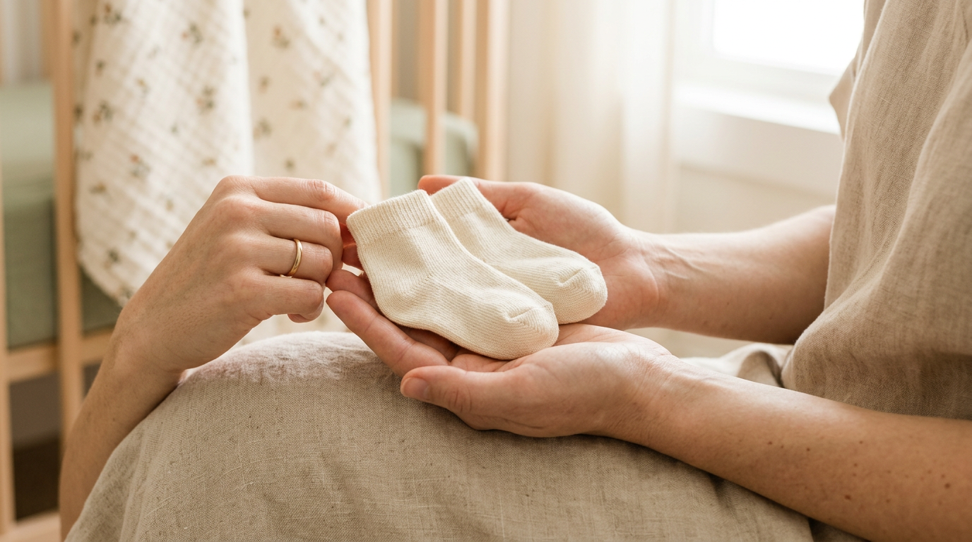 A baby chewing on their foot while wearing a neutral organic sock.