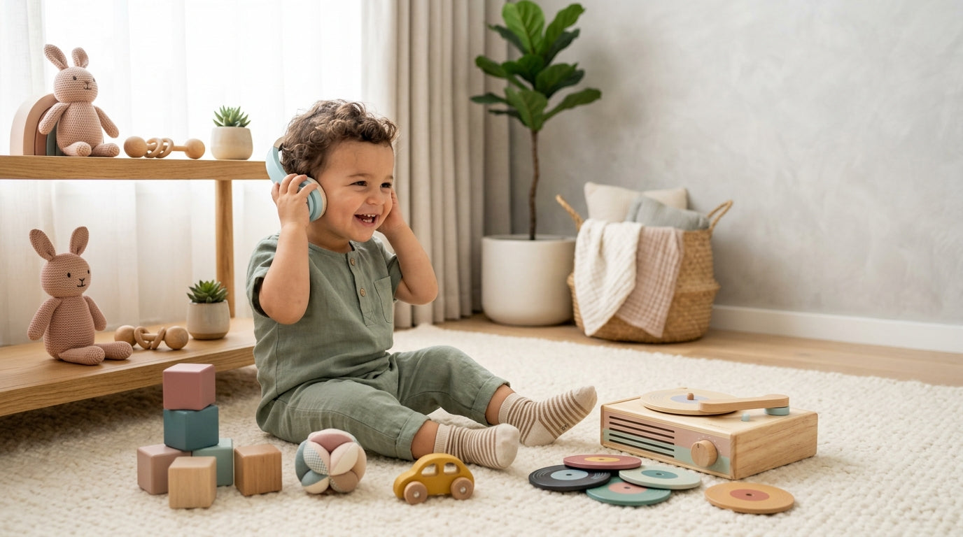 A baby reaching for wooden play gym toys while listening to music on the floor