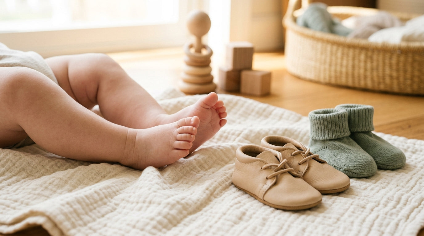 Mother holding a soft sole organic cotton baby bootie next to a toddler's foot