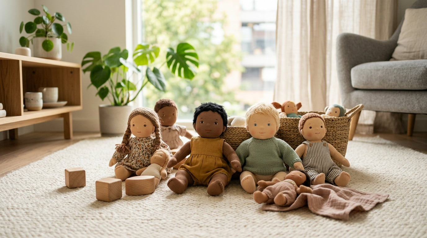Toddler twin girls in London flat playing with soft baby dolls on the floor