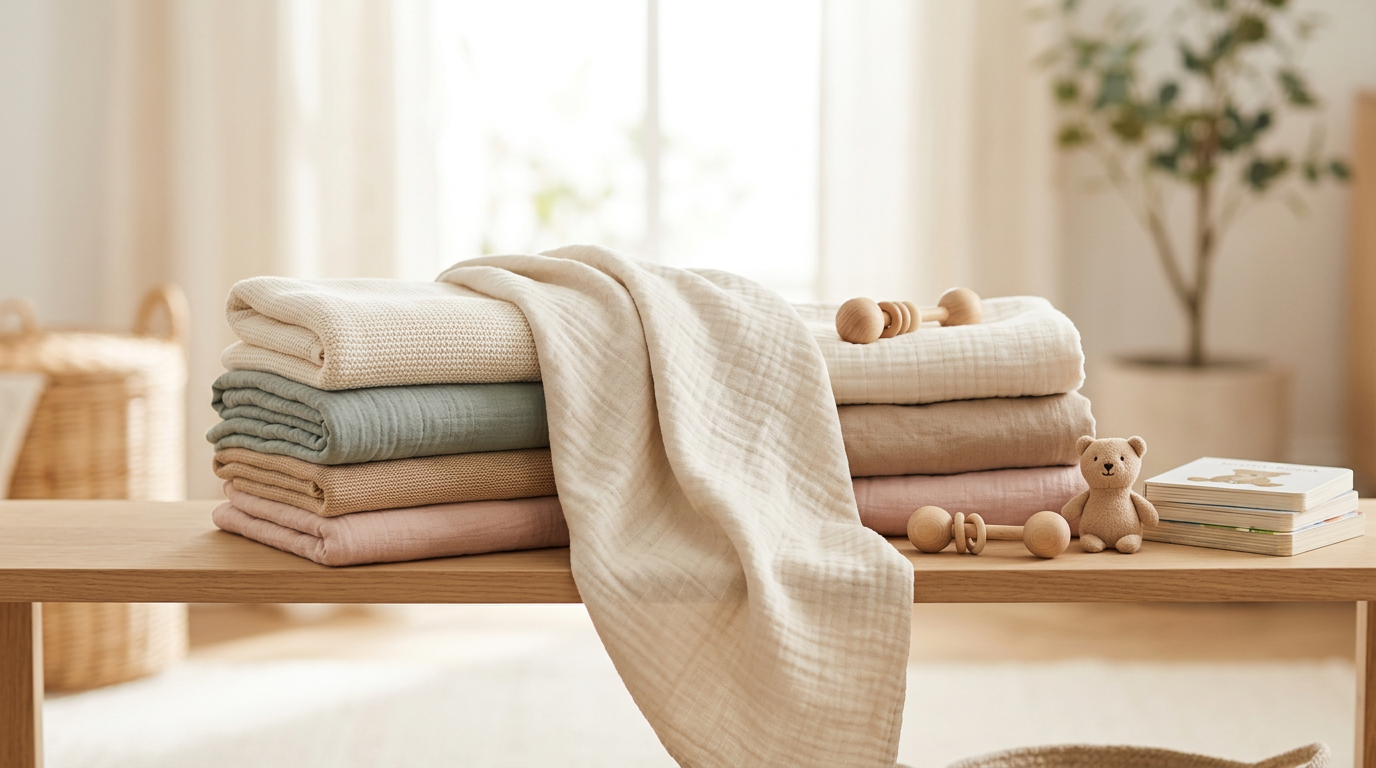 A confused dad trying to fold a massive baby blanket into a tiny twin pram